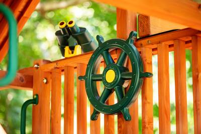 Outdoor Wooden Swing Set with Accessories Including Ship Wheel and Binoculars
